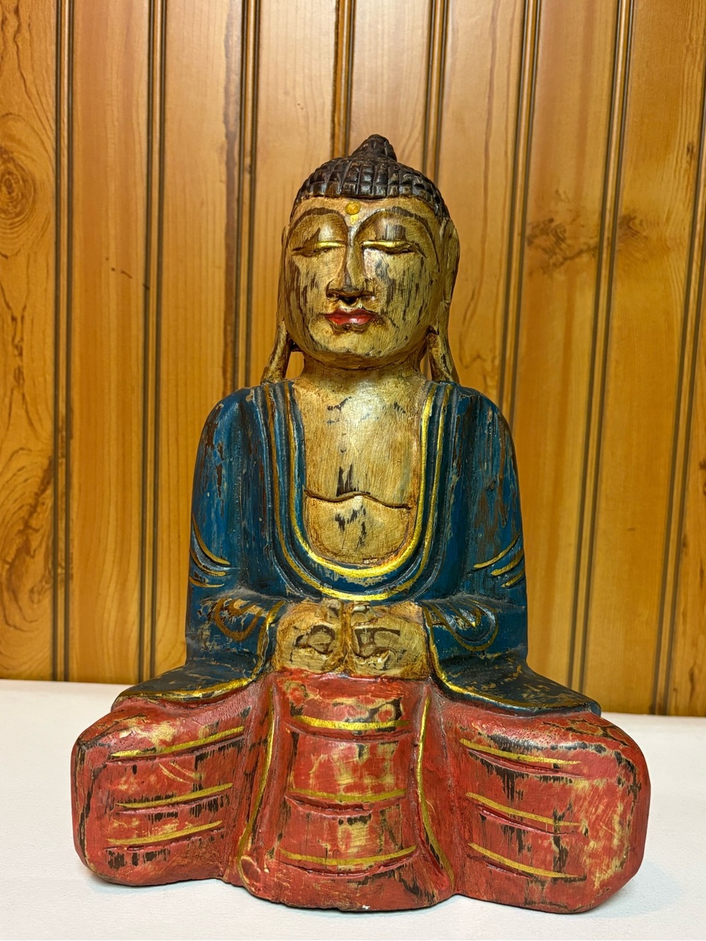 Hand-Painted Seated Buddha Statue in Blue, Gold & Red